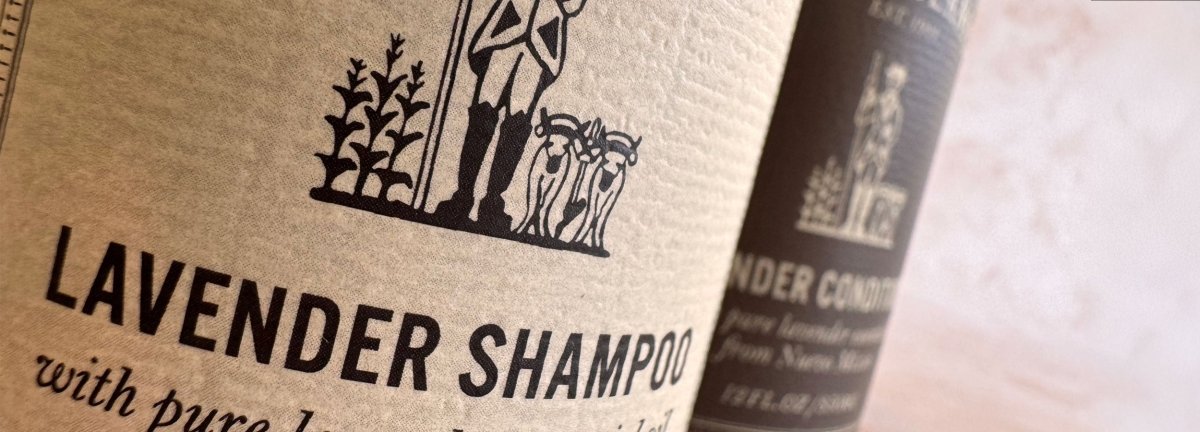 Lavender shampoo packaging with branding on a neutral background
