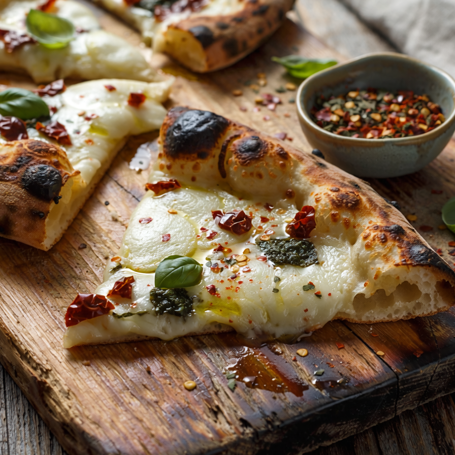 pizza slices on a wooden board with a small bowl of pepper flakes.