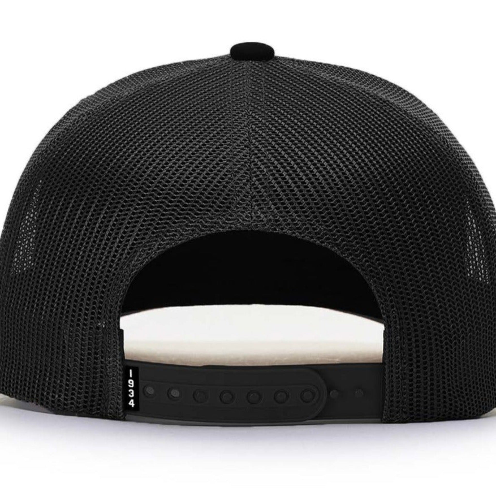 Black mesh cap with a white interior on a white background