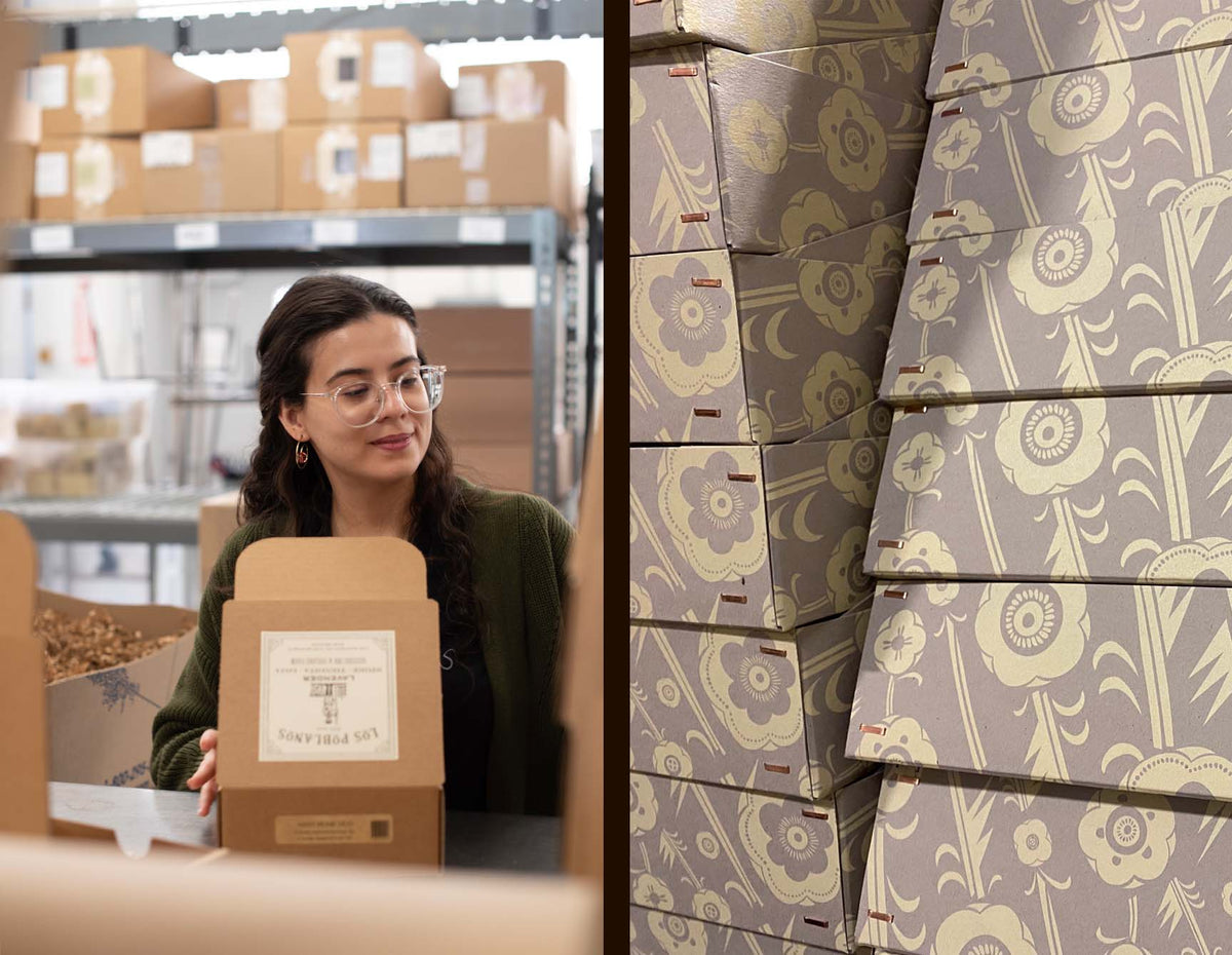 A split-screen view showing a woman in a warehouse holding a cardboard box with a label, next to a close-up of stacked patterned cardboard boxes in a taupe and cream floral design.