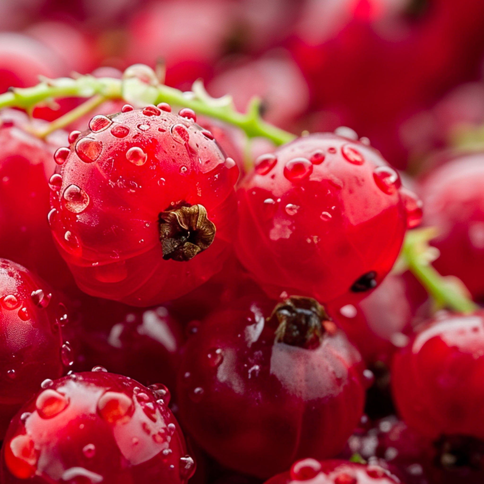 Close-up of red berries with water droplets on a blurred background