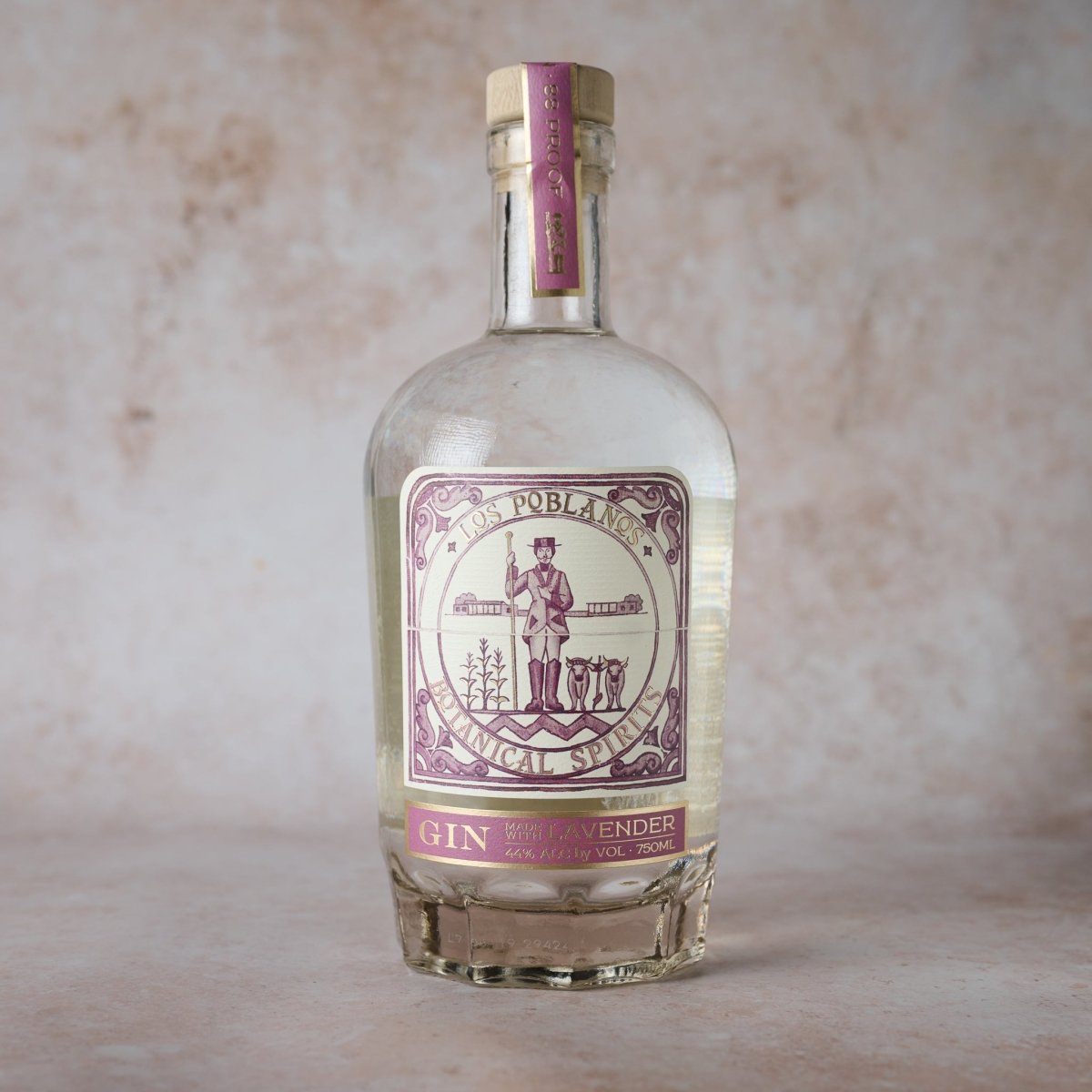 Bottle of gin with a purple label on a neutral background