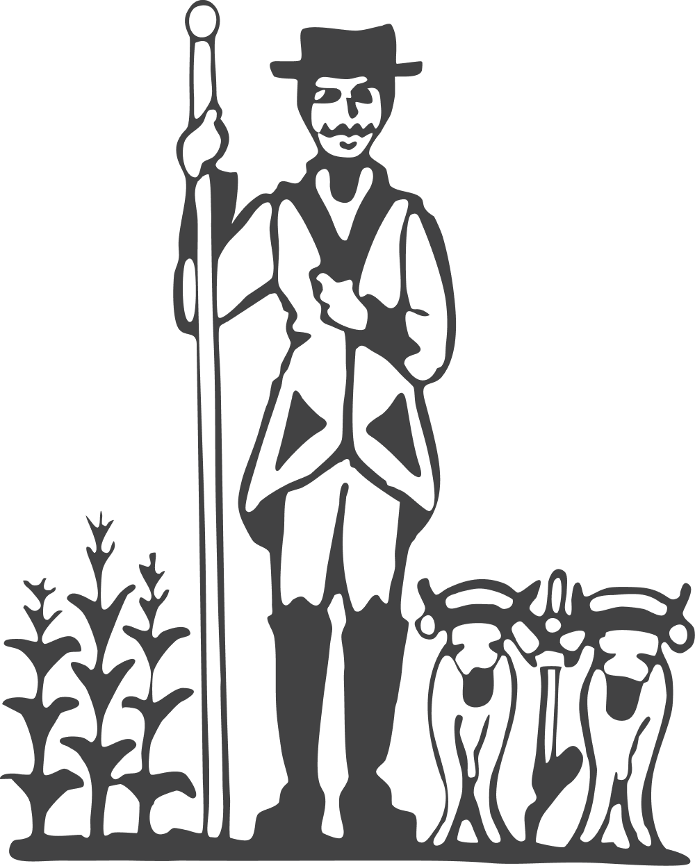Black and white illustration of a man with a staff and two dogs, standing next to corn stalks. San Ysidro.
