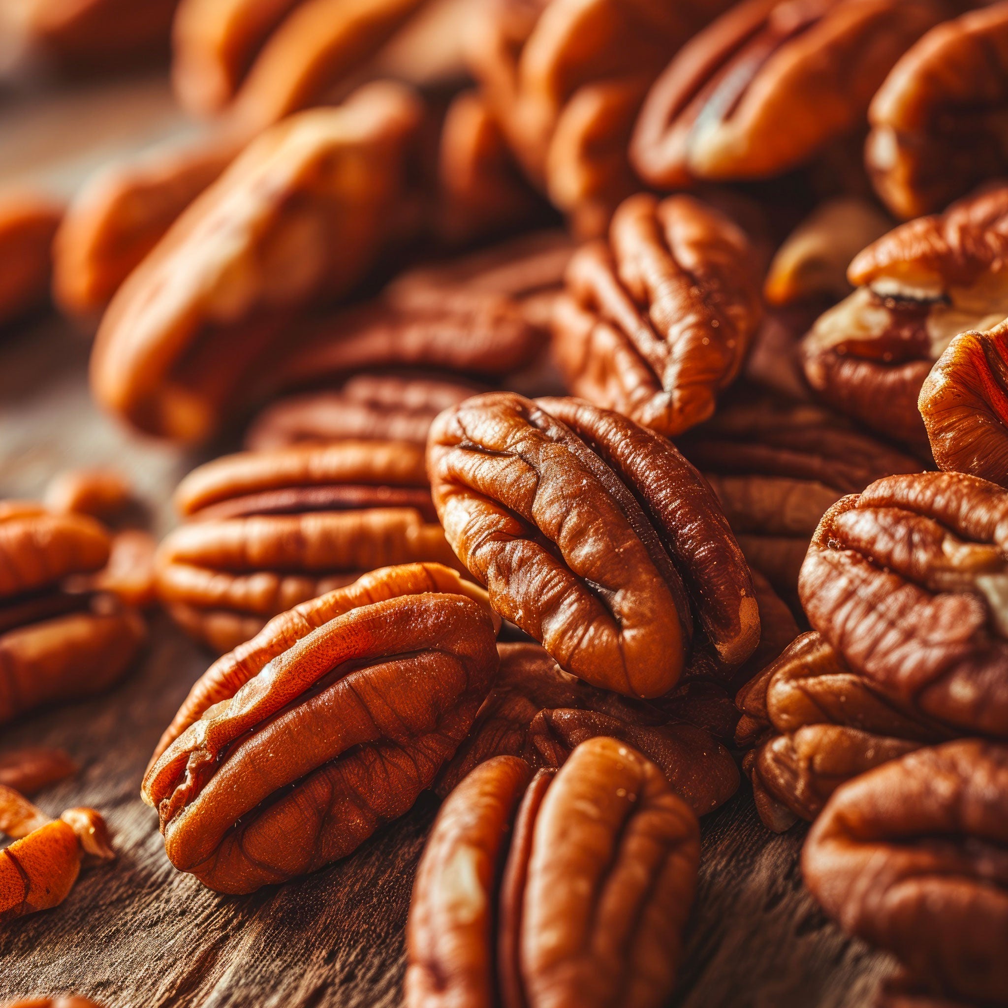 Close-up of pecans on a wooden surface