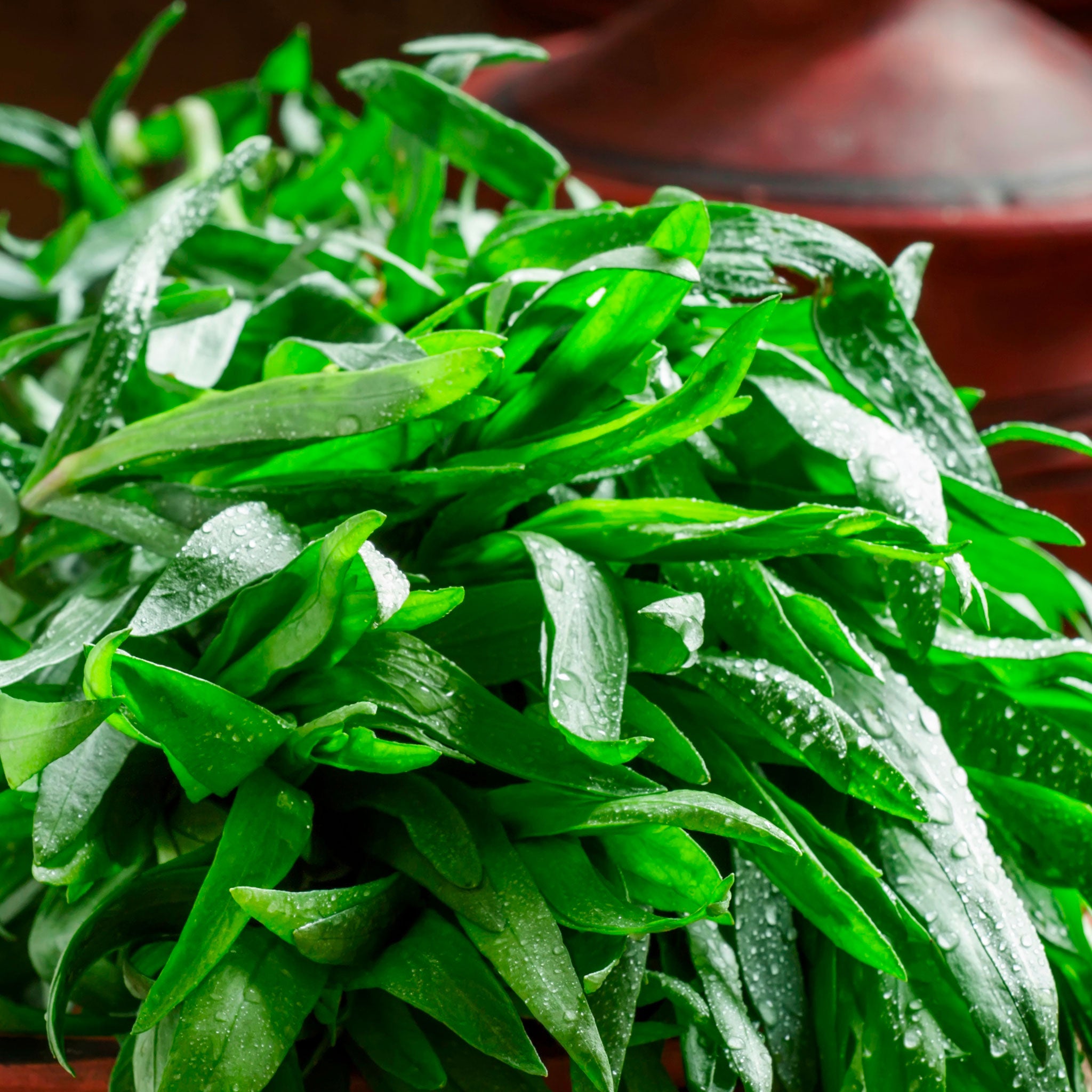 Fresh green leaves with water droplets on a wooden surface